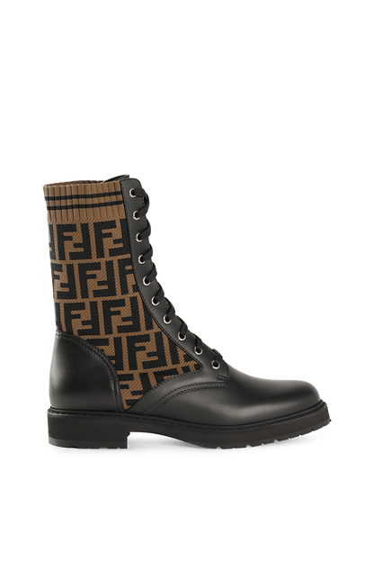 FENDI FF KNIT LEATHER ROCKOKO COMBAT BOOTS