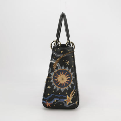 Lady Dior Medium Nature Ballet Star Embroidery Handbag Black Calfskin Leather Gold Hardware
