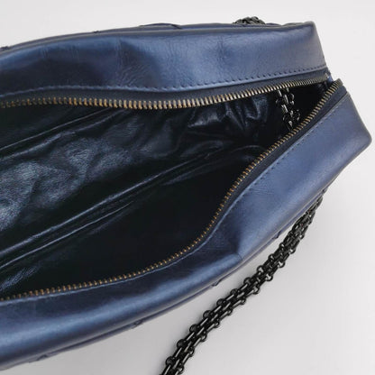 Chanel 2008 Metallic Aged Calfskin Quilted Small 2.55 Mademoiselle Camera Case Bag Blue