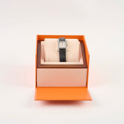 Hermes H Heure Watch Small Model, 25mm, Diamond Black Leather MOP Face