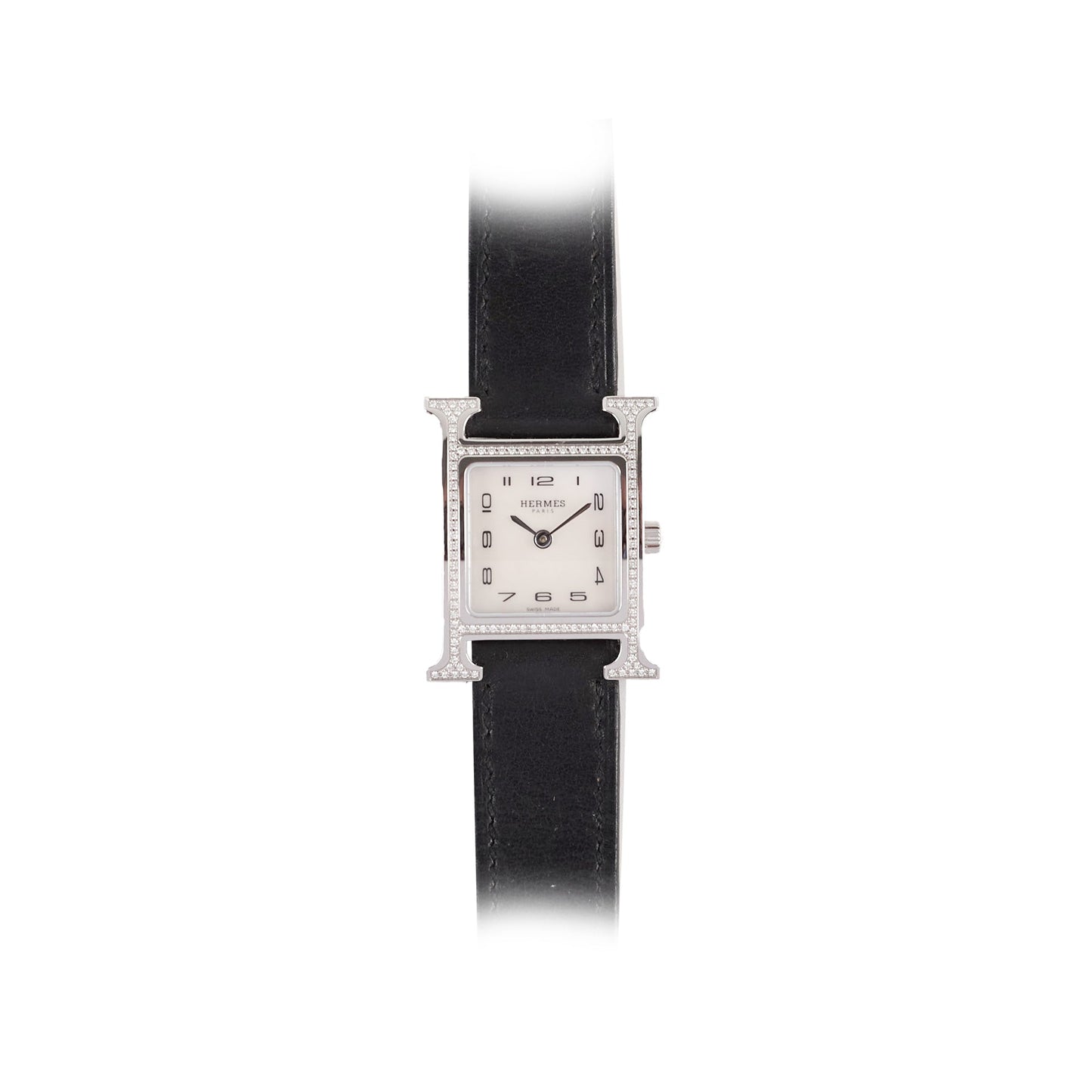 Hermes H Heure Watch Small Model, 25mm, Diamond Black Leather MOP Face