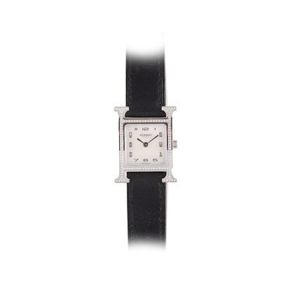 Hermes H Heure Watch Small Model, 25mm, Diamond Black Leather MOP Face