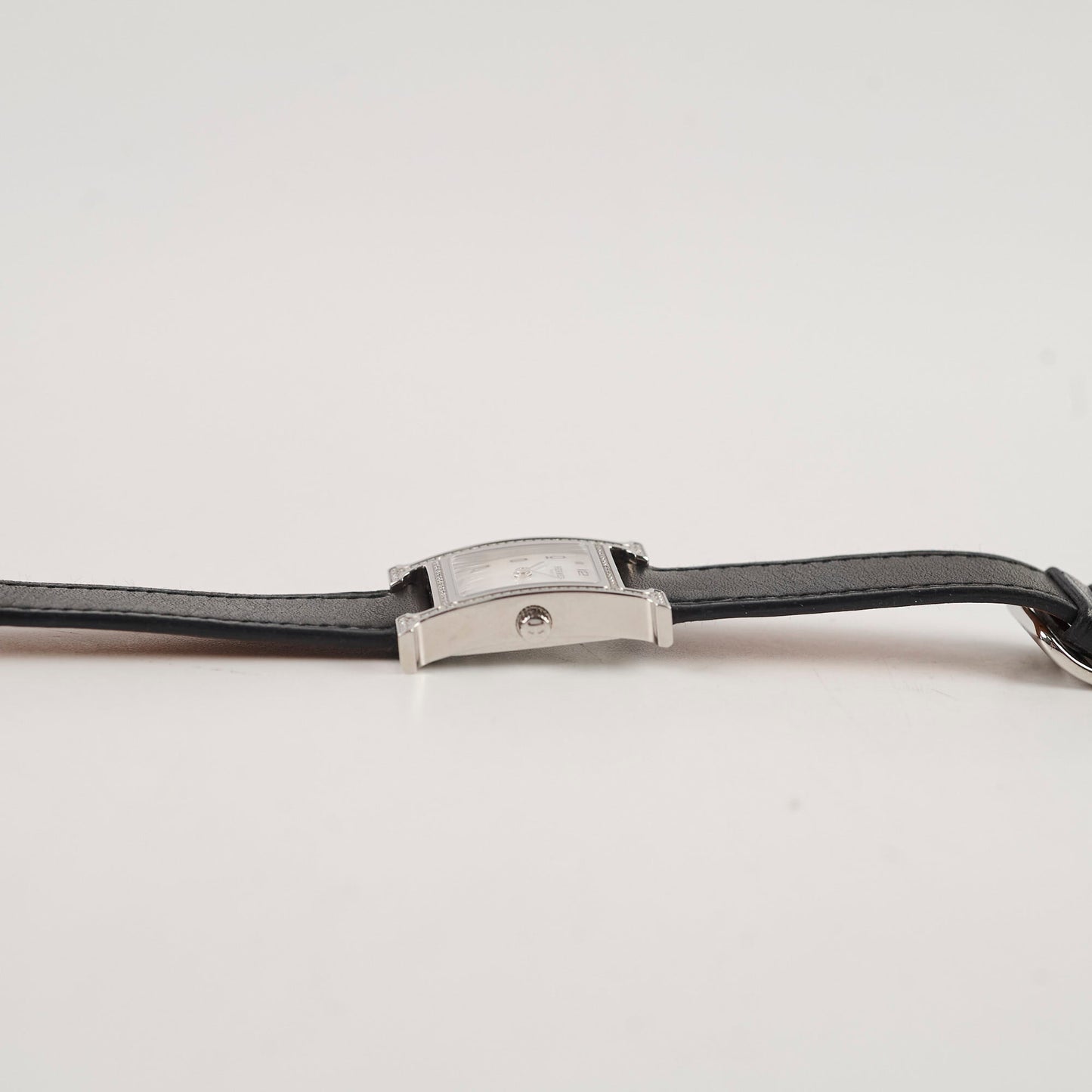 Hermes H Heure Watch Small Model, 25mm, Diamond Black Leather MOP Face