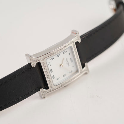 Hermes H Heure Watch Small Model, 25mm, Diamond Black Leather MOP Face