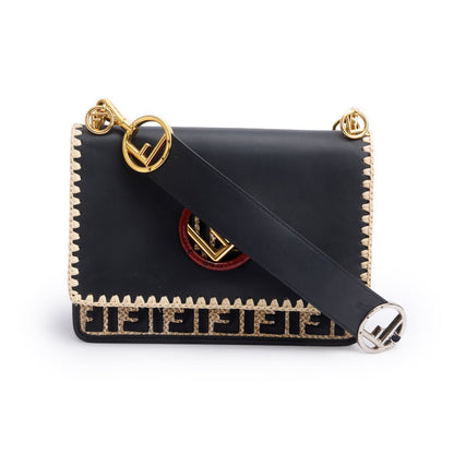 Fendi Black Calfskin Leather Raffia Snakeskin FF Embroidered Medium F is Fendi Kan I Shoulder Bag