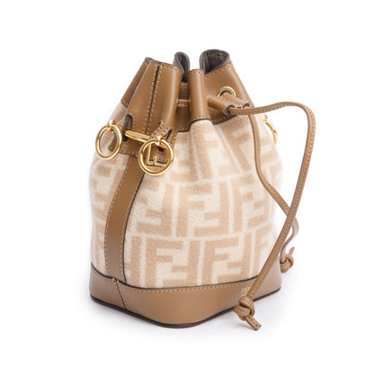 Fendi 2021 Neutral FF Wool Tan Calfskin Leather Mini Mon Tresor Bucket Bag