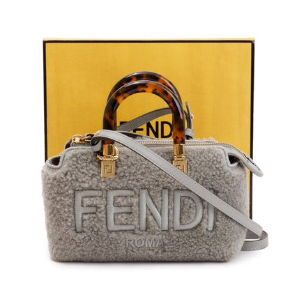 Fendi 2022 Grey Sheepskin Logo  Embroidered By the Way Mini Boston Bag