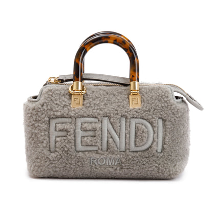 Fendi 2022 Grey Sheepskin Logo  Embroidered By the Way Mini Boston Bag