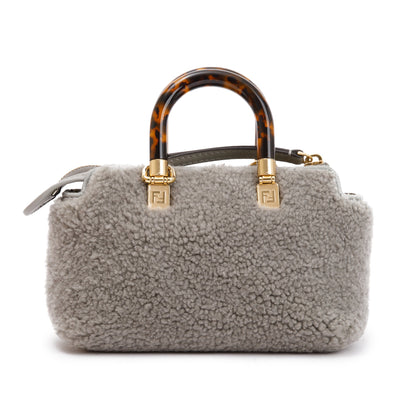 Fendi 2022 Grey Sheepskin Logo  Embroidered By the Way Mini Boston Bag