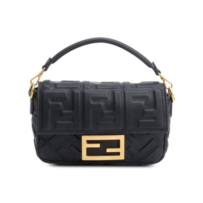 Fendi 2023 Black FF Embossed Nappa Leather Mini Be Baguette Chain Crossbody