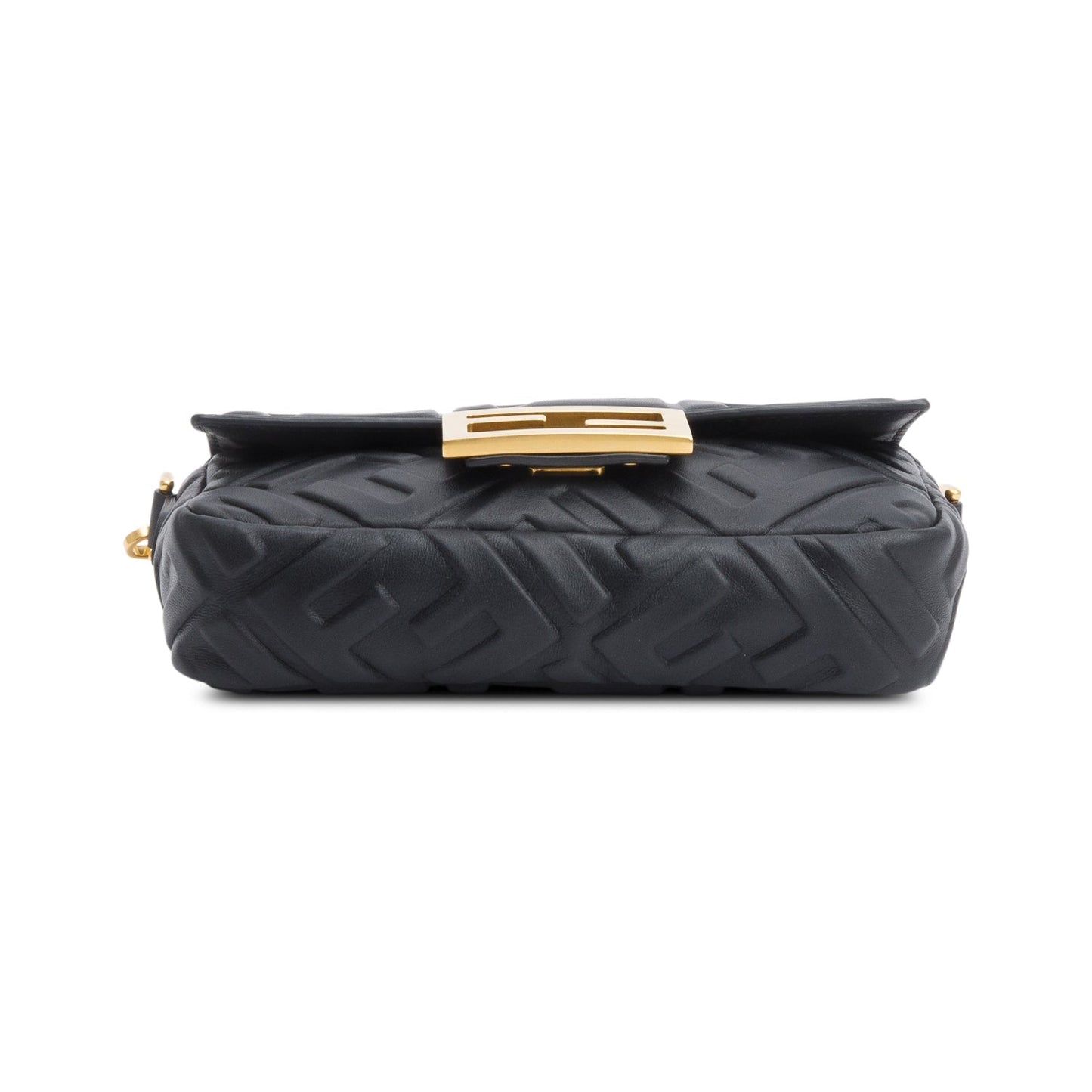 Fendi 2023 Black FF Embossed Nappa Leather Mini Be Baguette Chain Crossbody