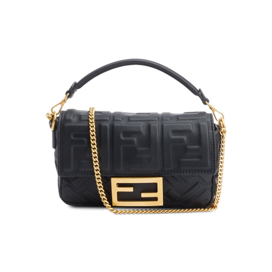 Fendi 2023 Black FF Embossed Nappa Leather Mini Be Baguette Chain Crossbody