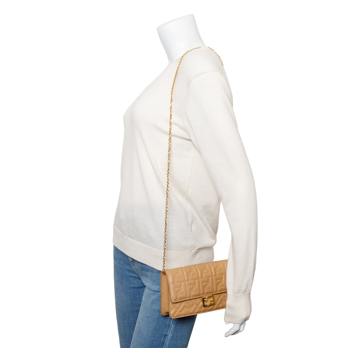 Fendi 2024 Beige FF Embossed Nappa Leather Baguette Wallet on Chain