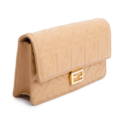 Fendi 2024 Beige FF Embossed Nappa Leather Baguette Wallet on Chain