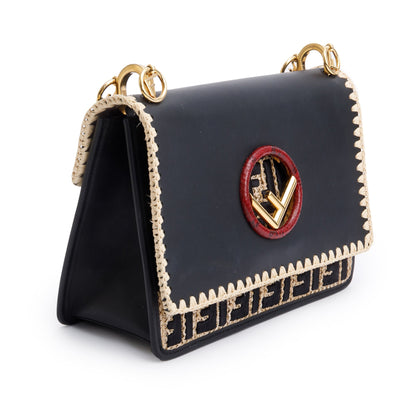 Fendi Black Calfskin Leather Raffia Snakeskin FF Embroidered Medium F is Fendi Kan I Shoulder Bag