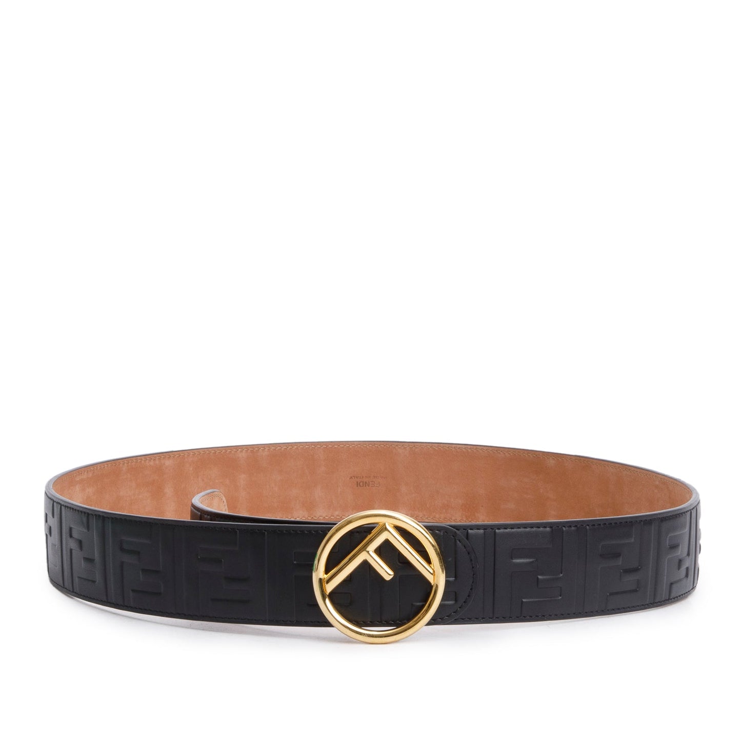 Fendi Black FF Embossed Leather Round Buckle Belt 90 36