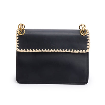 Fendi Black Calfskin Leather Raffia Snakeskin FF Embroidered Medium F is Fendi Kan I Shoulder Bag