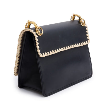 Fendi Black Calfskin Leather Raffia Snakeskin FF Embroidered Medium F is Fendi Kan I Shoulder Bag