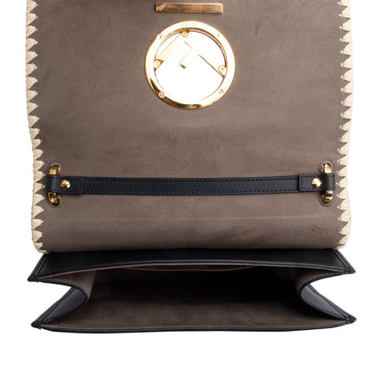 Fendi Black Calfskin Leather Raffia Snakeskin FF Embroidered Medium F is Fendi Kan I Shoulder Bag