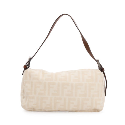 Fendi Beige FF Zucca Canvas Brown Leather Trim Baguette Shoulder Bag