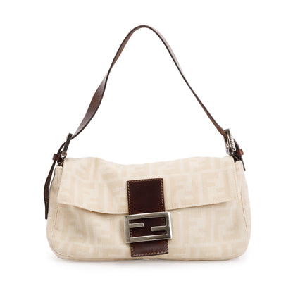 Fendi Beige FF Zucca Canvas Brown Leather Trim Baguette Shoulder Bag
