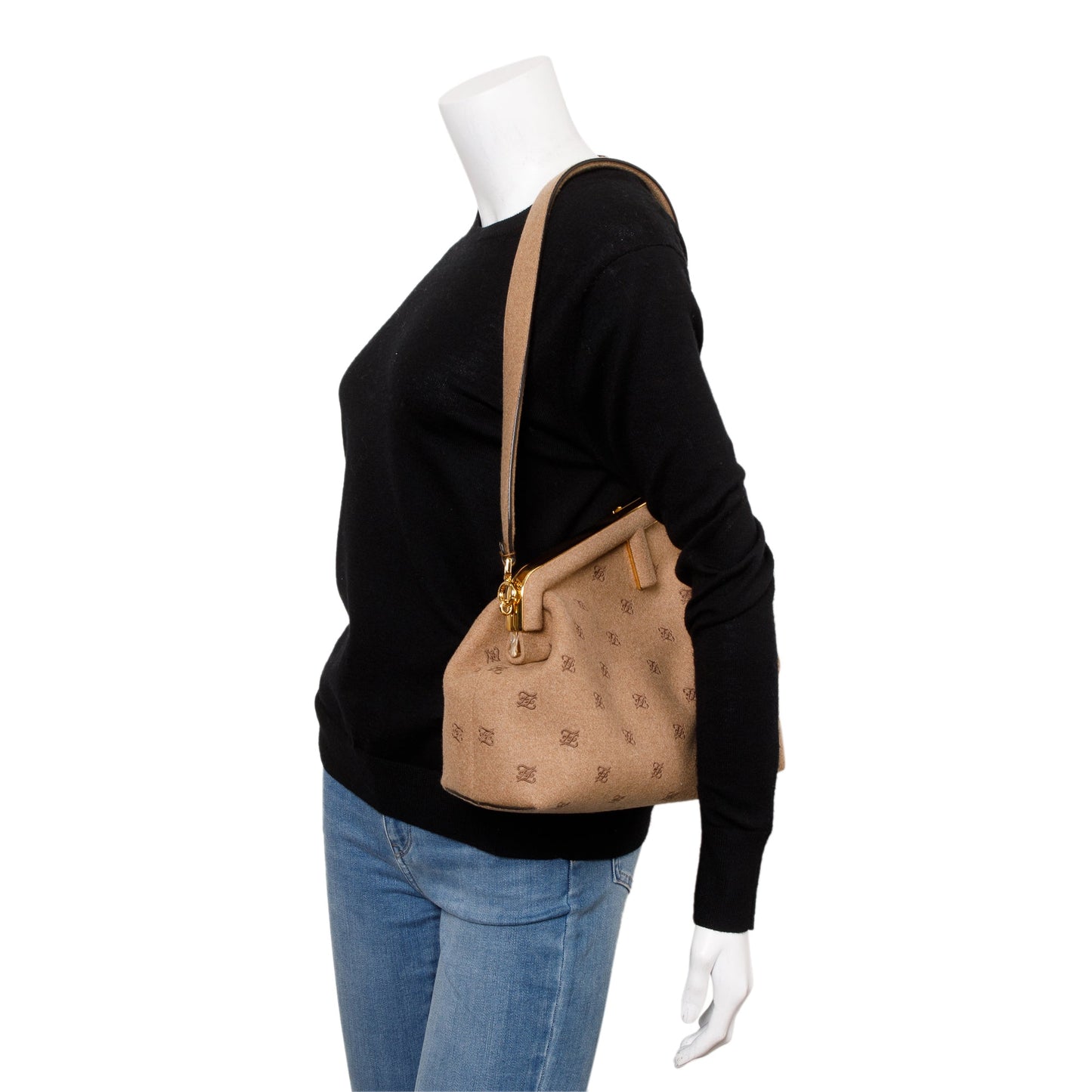 Fendi Beige Flannel Karligraphy Embroidered Medium Fendi First Bag