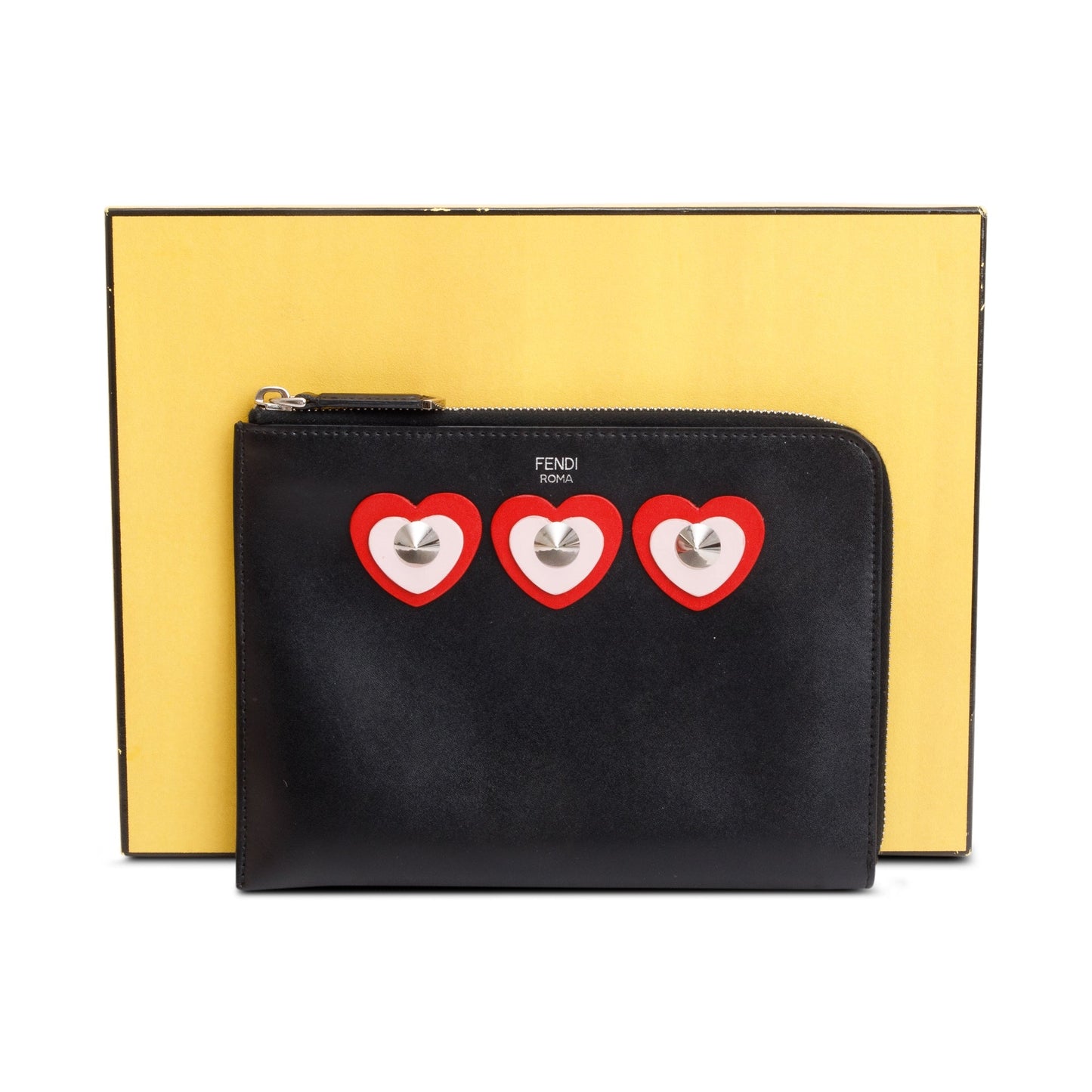 Fendi Black Calfskin Leather Studded Heart Zip Around Clutch