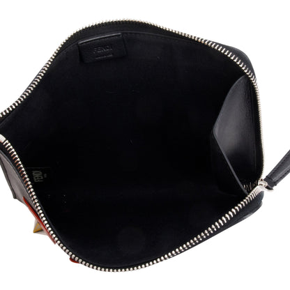 Fendi Black Calfskin Leather Studded Heart Zip Around Clutch