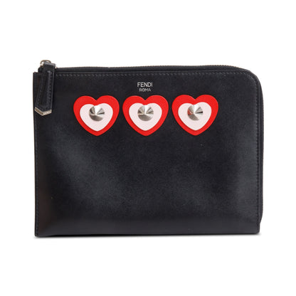 Fendi Black Calfskin Leather Studded Heart Zip Around Clutch