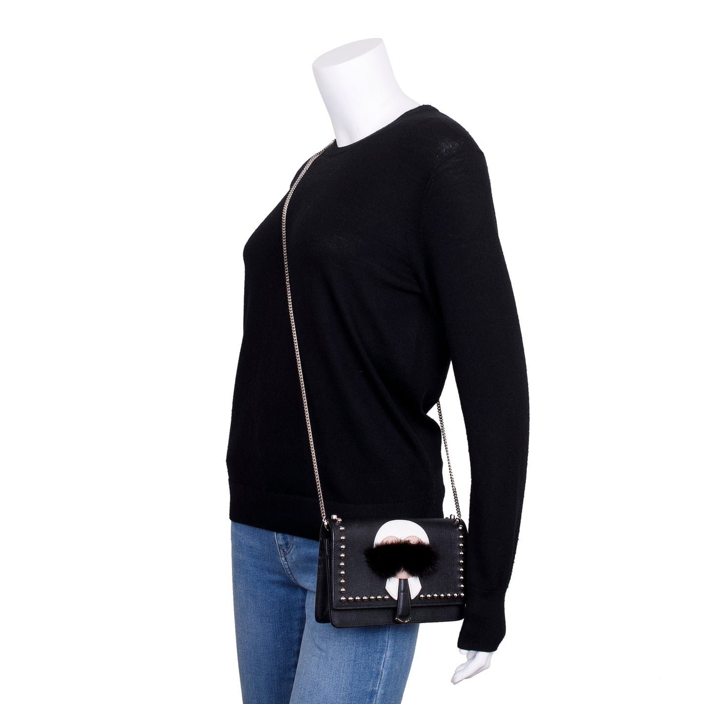 Fendi Black Calfskin Leather Studded Karlito Wallet on Chain