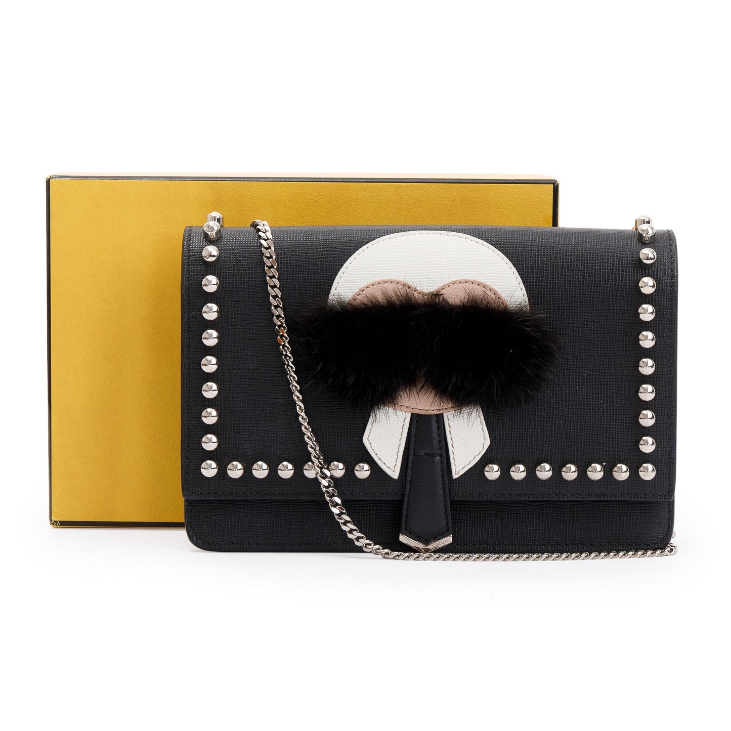 Fendi Black Calfskin Leather Studded Karlito Wallet on Chain