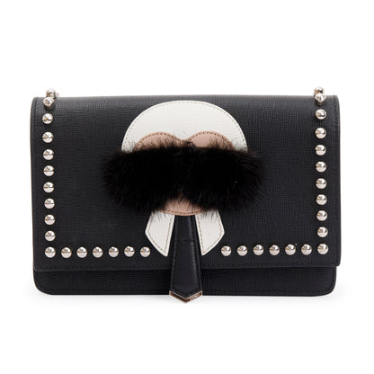 Fendi Black Calfskin Leather Studded Karlito Wallet on Chain