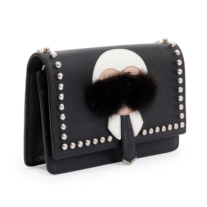 Fendi Black Calfskin Leather Studded Karlito Wallet on Chain