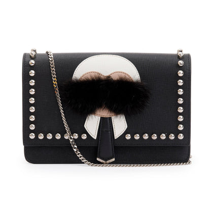 Fendi Black Calfskin Leather Studded Karlito Wallet on Chain