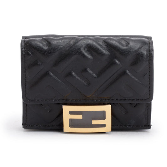 Fendi Black FF Embossed Leather Micro Trifold Wallet