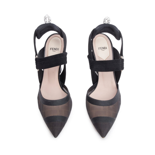 Fendi Black FF Zucca Colibri Mesh Slingback Pumps, Size 38