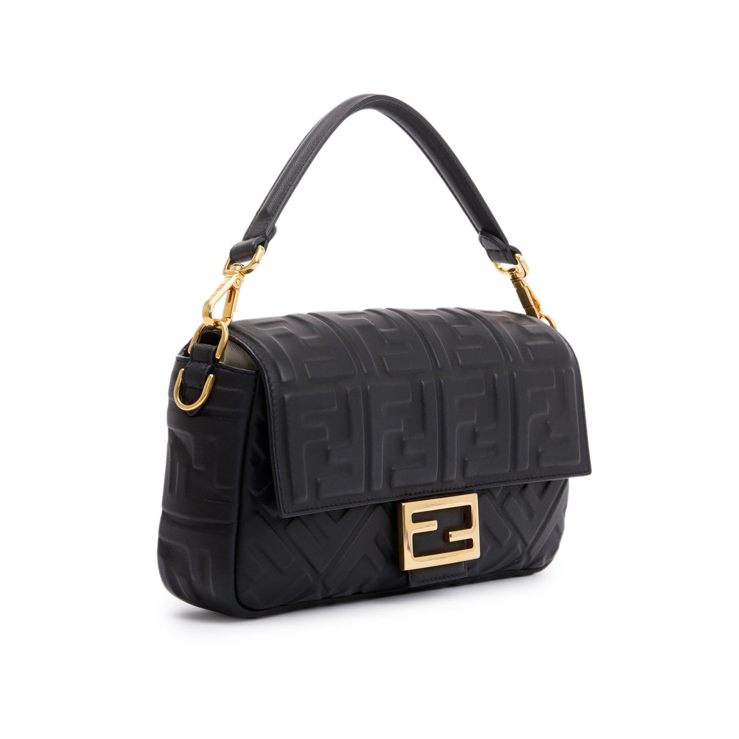 Fendi Black Nappa FF Leather Embossed Baguette NM Shoulder Bag