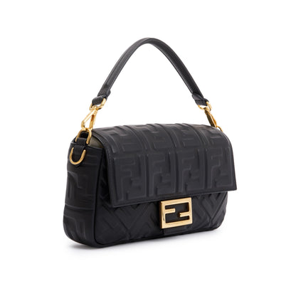 Fendi Black Nappa FF Leather Embossed Baguette NM Shoulder Bag