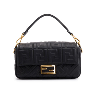Fendi Black Nappa FF Leather Embossed Baguette NM Shoulder Bag
