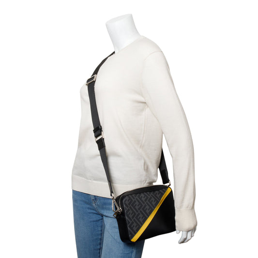 Fendi Black Vitello Liberty Leather Grey FF Canvas Diagonal Camera Case Bag