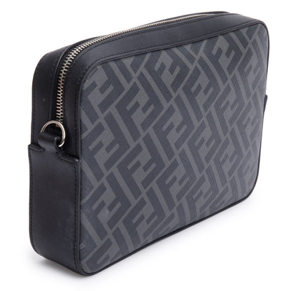 Fendi Black Vitello Liberty Leather Grey FF Canvas Diagonal Camera Case Bag
