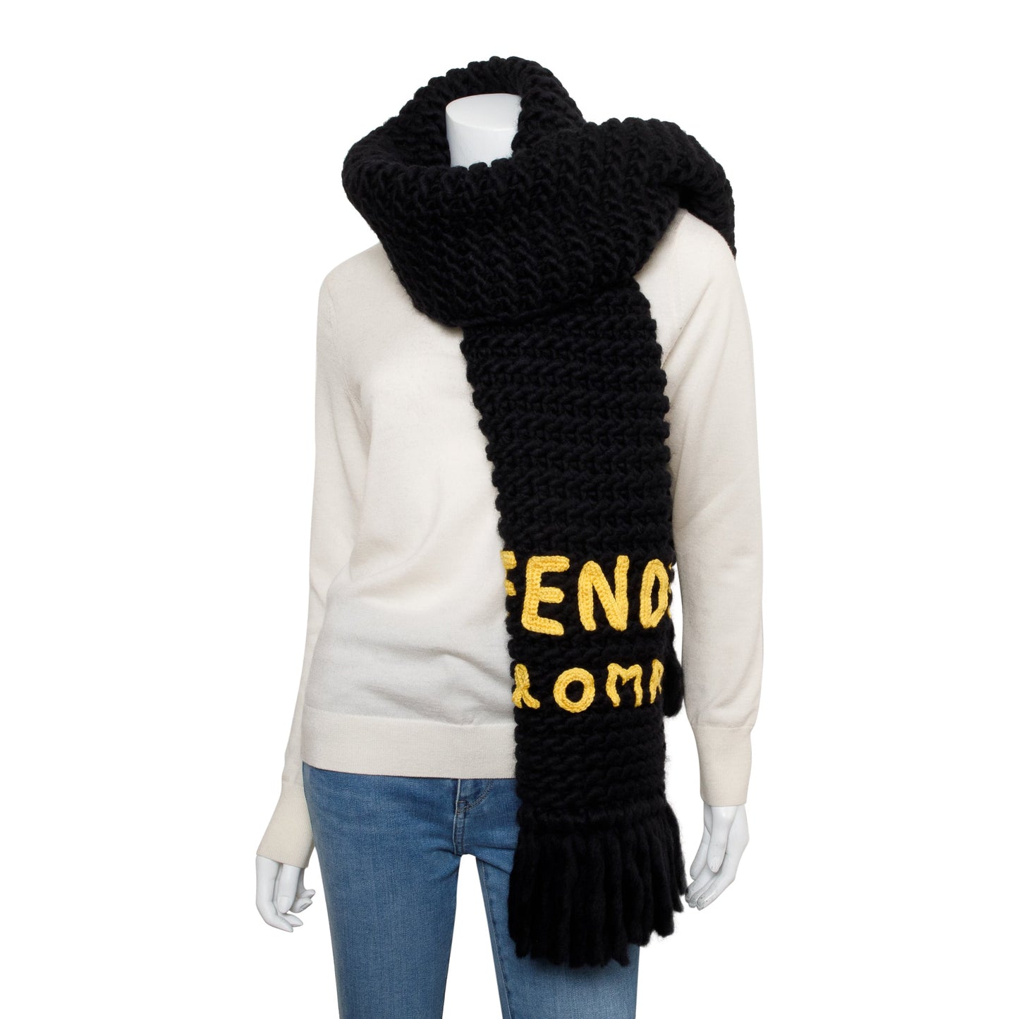 Fendi Black Wool Fendi Roma Logo Scarf