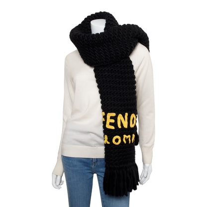 Fendi Black Wool Fendi Roma Logo Scarf