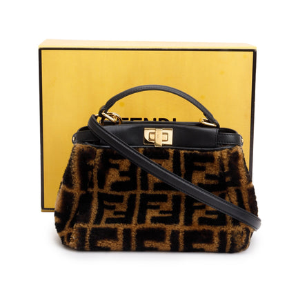 Fendi Black/Brown Shearling Nappa Macro FF 1974 Mini Peekaboo Bag