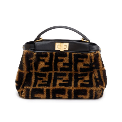 Fendi Black/Brown Shearling Nappa Macro FF 1974 Mini Peekaboo Bag