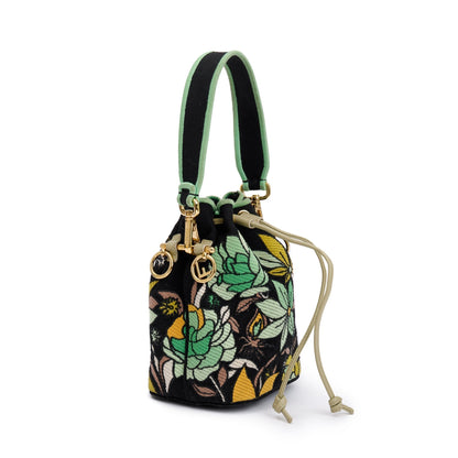 Fendi Black/Green Floral Embroidered Canvas Psychedelic Mini Mon Tresor Bucket Bag