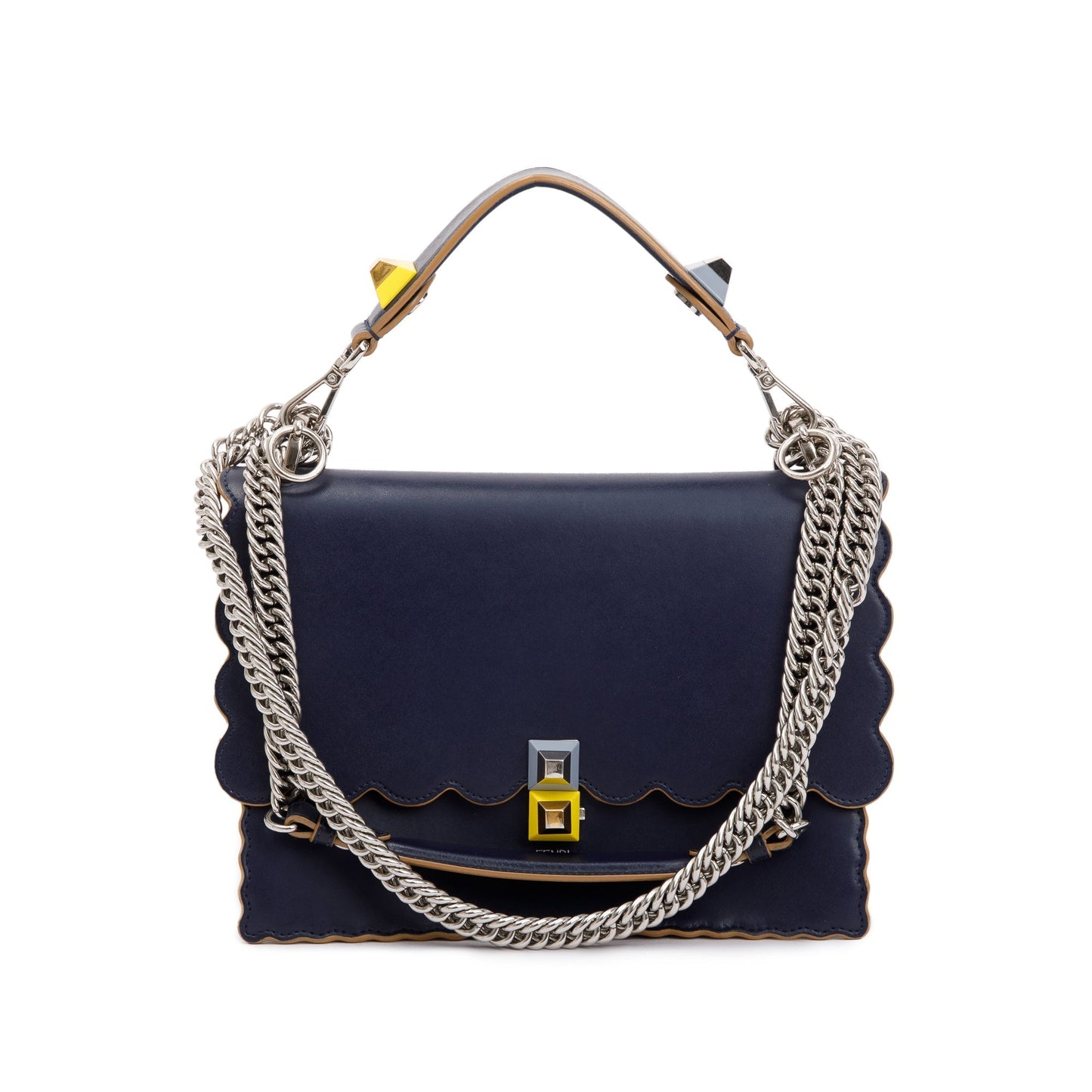 Fendi Blue Calfskin Leather Scalloped Studded Kan I Shoulder Bag