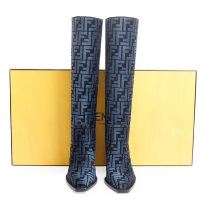 Fendi Blue Chenille Jacquard FF Cut 110 Baguette Knee High Boots, Size 36