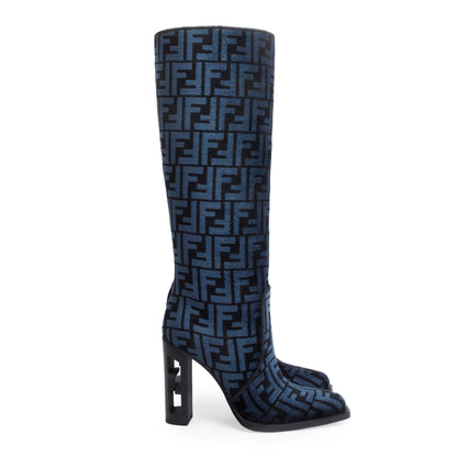 Fendi Blue Chenille Jacquard FF Cut 110 Baguette Knee High Boots, Size 36