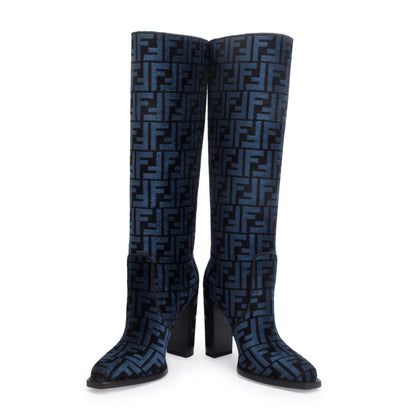 Fendi Blue Chenille Jacquard FF Cut 110 Baguette Knee High Boots, Size 36